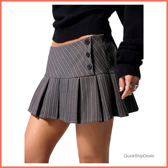 Striped Pleated Micro Mini Skirt Low Waist Button Side A-Line